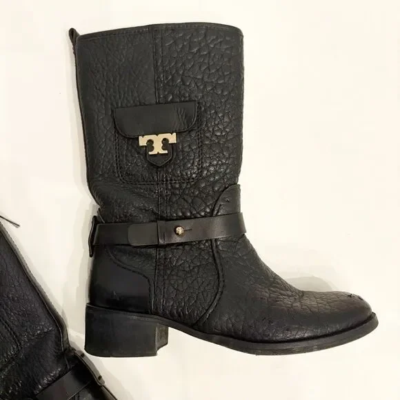 Tory Burch Leona Motorcycle Boot Black Leather Size 7
